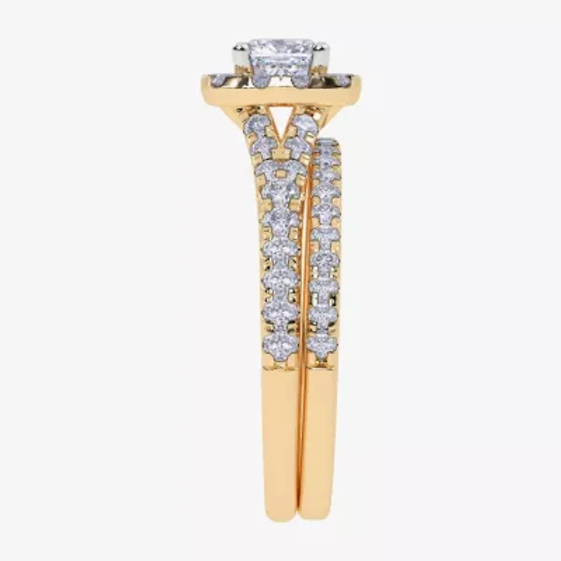 (G / Vs2-Si1) Womens 1 CT. T.W. Lab Grown White Diamond 10K Gold Cushion Side Stone Halo Bridal Set
