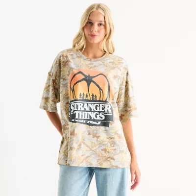 Stranger Things Tree Camo Crew Neck Short Sleeve Oversized Juniors Graphic T-Shirt