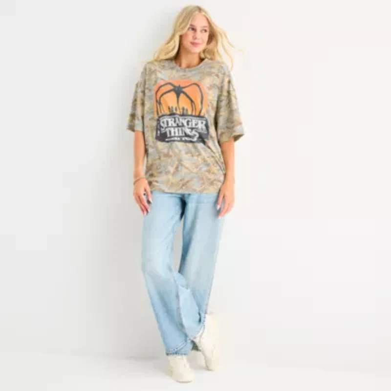 Stranger Things Tree Camo Crew Neck Short Sleeve Oversized Juniors Graphic T-Shirt