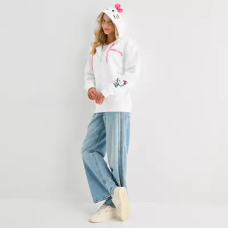 Womens Long Sleeve Embroidered Hello Kitty Fleece Zipper Juniors Hoodie