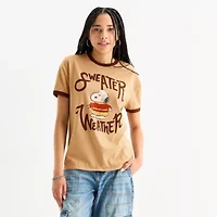 Peanuts Snoopy Sweater Weather Ringer Tee Womens Crew Neck Short Sleeve Regular Fit Juniors Graphic T-Shirt