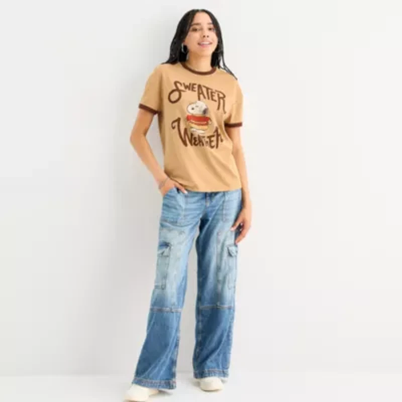 Peanuts Snoopy Sweater Weather Ringer Tee Womens Crew Neck Short Sleeve Regular Fit Juniors Graphic T-Shirt