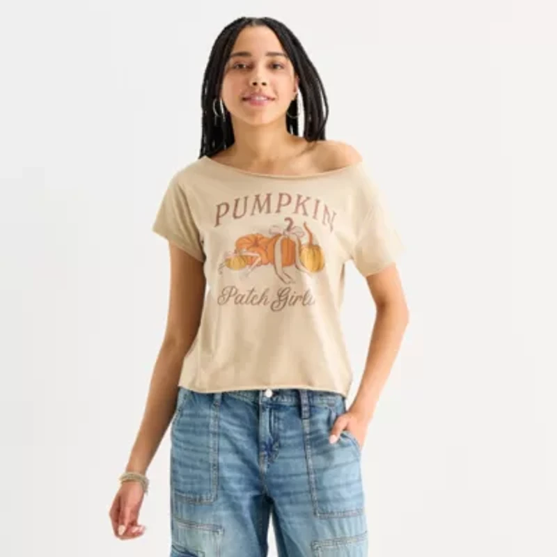 Pumpkin Patch Girlie Off The Shoulder Tee Womens Round Neck Short Sleeve Fitted Juniors Graphic T-Shirt