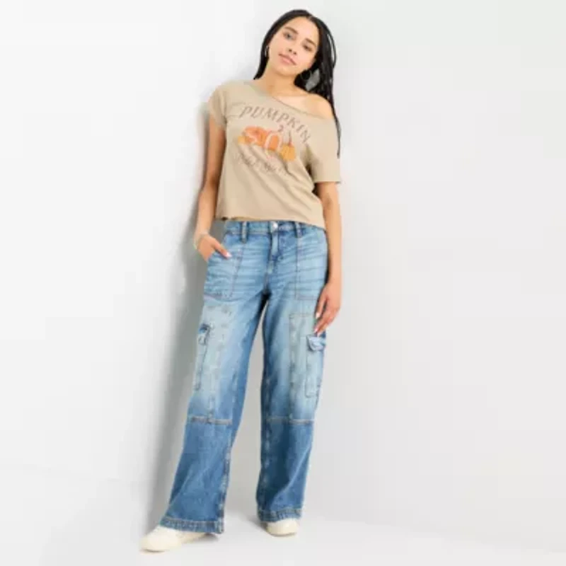 Pumpkin Patch Girlie Off The Shoulder Tee Womens Round Neck Short Sleeve Fitted Juniors Graphic T-Shirt