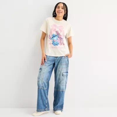Disney Womens Crew Neck Short Sleeve Boyfriend Fit Lilo & Stitch Juniors Graphic T-Shirt