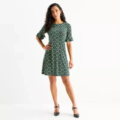 Perceptions Womens Short Sleeve Geometric Shift Dress