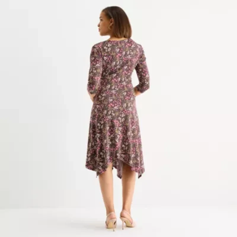 Perceptions Womens 3/4 Sleeve Floral Midi Fit + Flare Dress