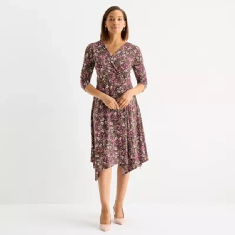Perceptions Womens 3/4 Sleeve Floral Midi Fit + Flare Dress