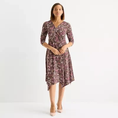 Perceptions Womens 3/4 Sleeve Floral Midi Fit + Flare Dress