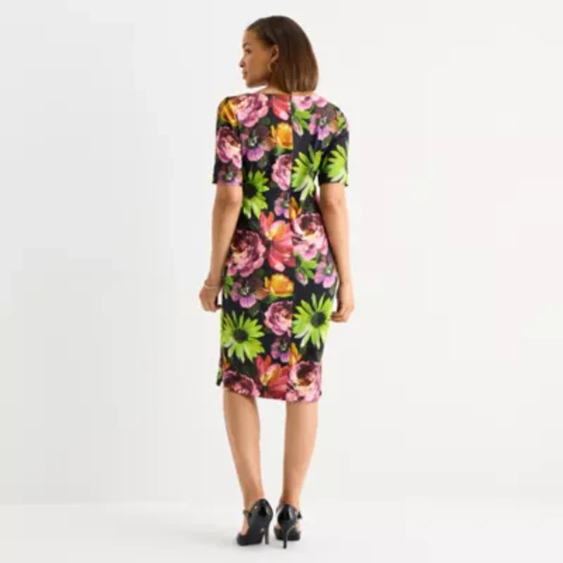 Maya Brooke Womens Short Sleeve Floral Sheath Dress