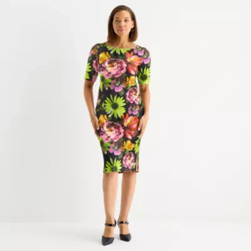 Maya Brooke Womens Short Sleeve Floral Sheath Dress
