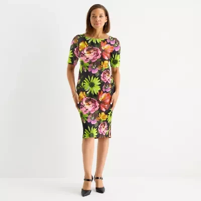 Maya Brooke Womens Short Sleeve Floral Sheath Dress
