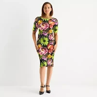 Maya Brooke Womens Short Sleeve Floral Sheath Dress