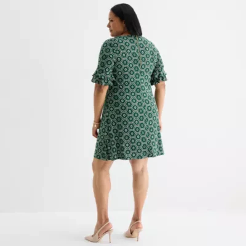 Perceptions Womens Short Sleeve Geometric Plus Shift Dress