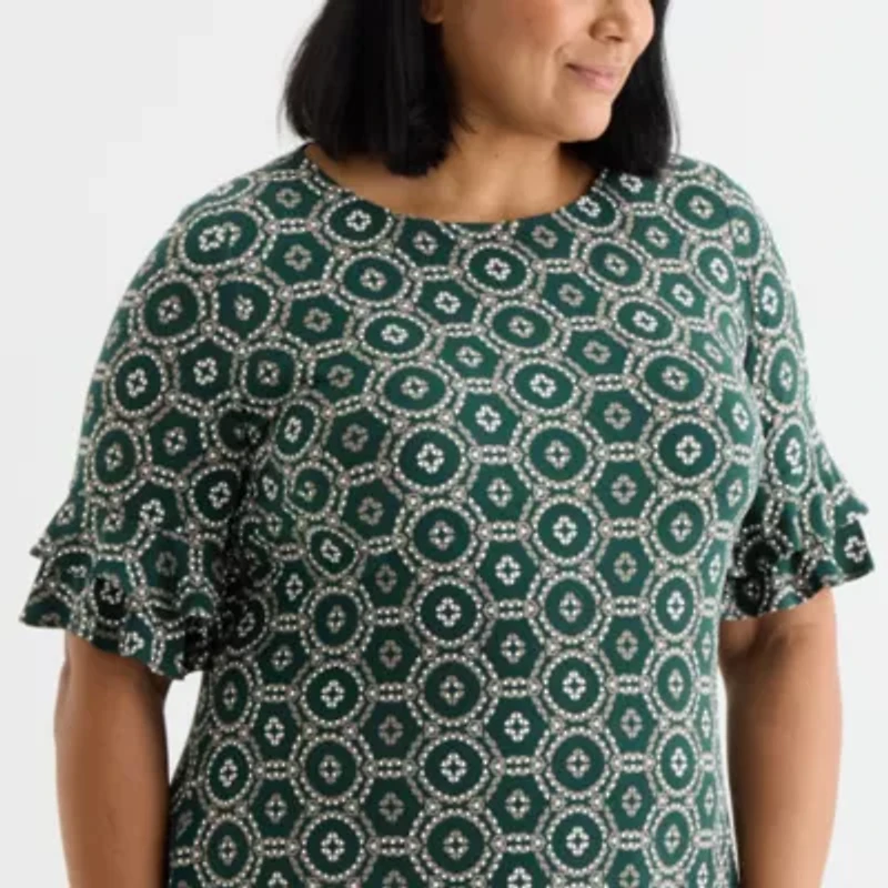 Perceptions Womens Short Sleeve Geometric Plus Shift Dress