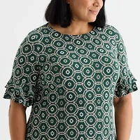 Perceptions Womens Short Sleeve Geometric Plus Shift Dress