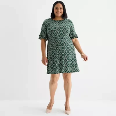 Perceptions Womens Short Sleeve Geometric Plus Shift Dress