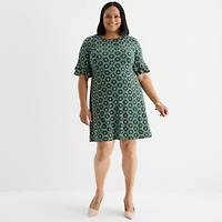 Perceptions Womens Short Sleeve Geometric Plus Shift Dress