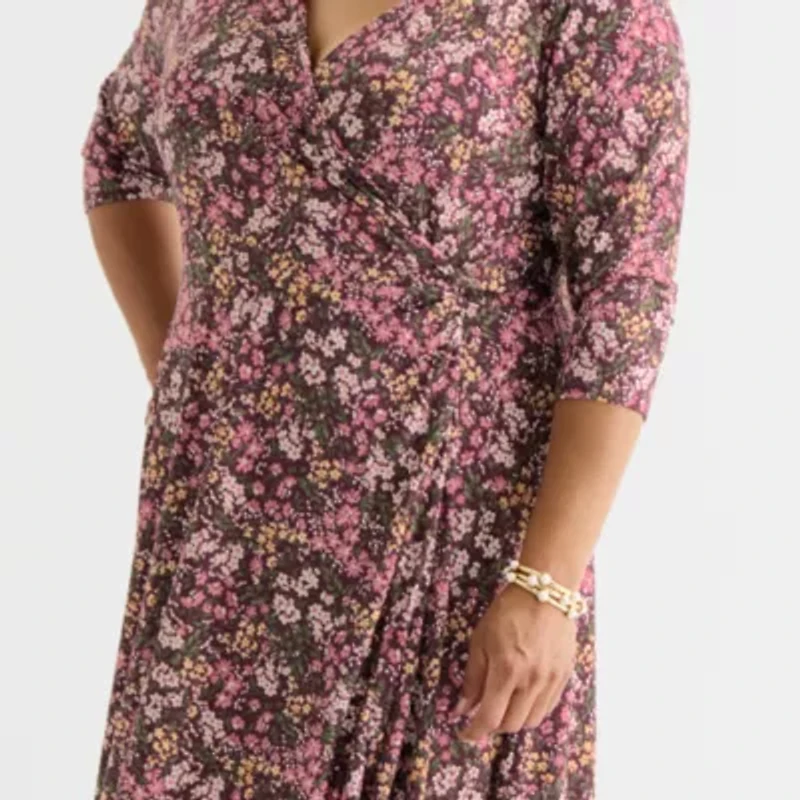 Perceptions Womens Plus 3/4 Sleeve Floral Midi Fit + Flare Dress