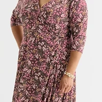 Perceptions Womens Plus 3/4 Sleeve Floral Midi Fit + Flare Dress