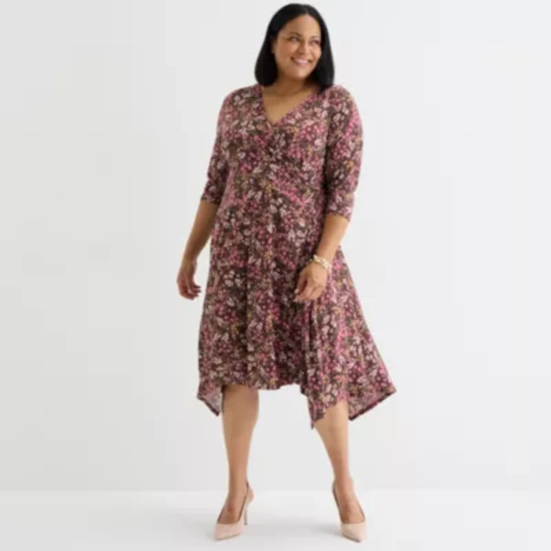 Perceptions Womens Plus 3/4 Sleeve Floral Midi Fit + Flare Dress