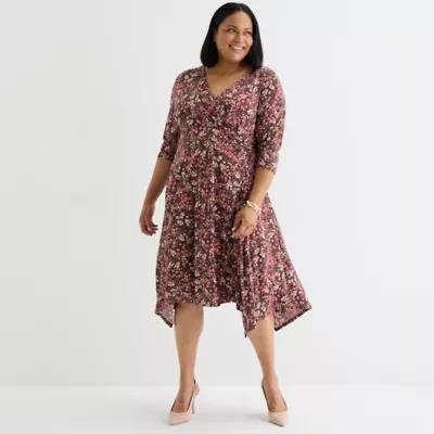 Perceptions Womens 3/4 Sleeve Floral Midi Plus Fit + Flare Dress