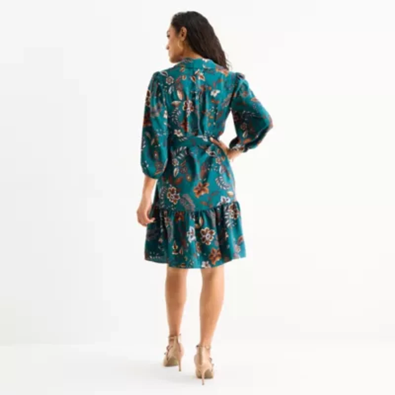 Willow Glenn Womens 3/4 Sleeve Leaf Fit + Flare Dress
