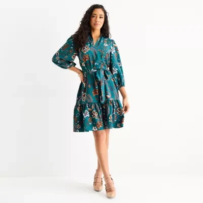 Willow Glenn Womens 3/4 Sleeve Leaf Fit + Flare Dress
