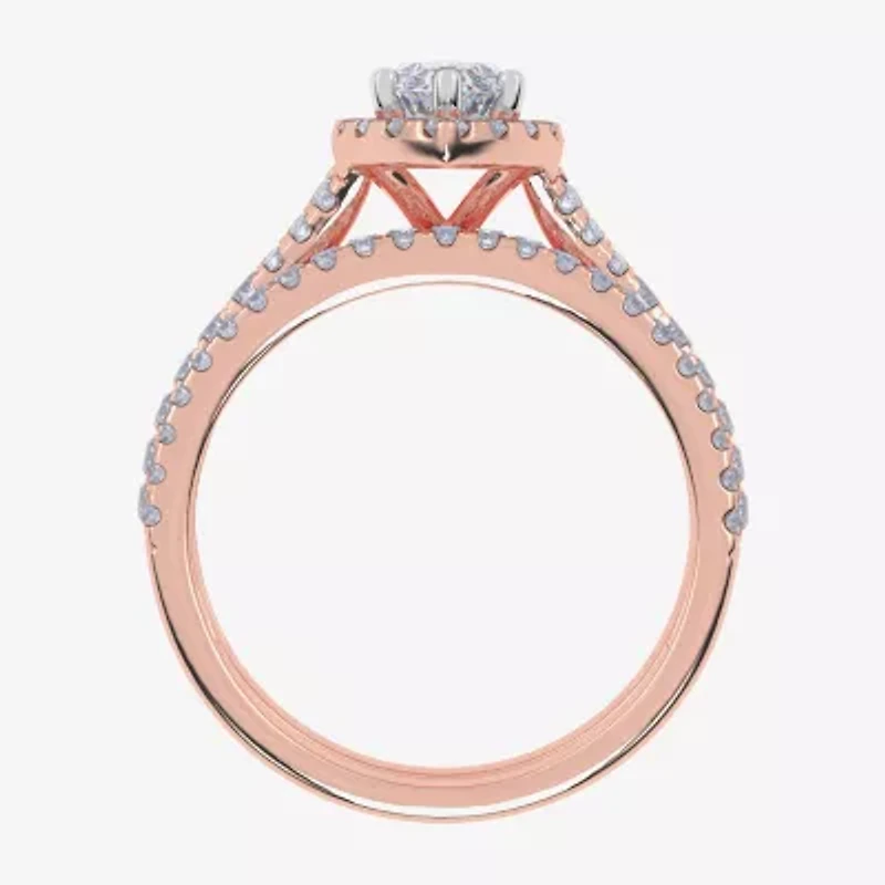 (G / Vs2-Si1) Womens 1 CT. T.W. Lab Grown White Diamond 10K Rose Gold Marquise Side Stone Halo Bridal Set