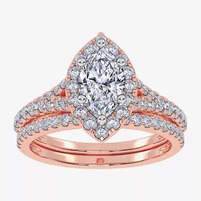 (G / Vs2-Si1) Womens 1 CT. T.W. Lab Grown White Diamond 10K Gold Marquise Side Stone Halo Bridal Set