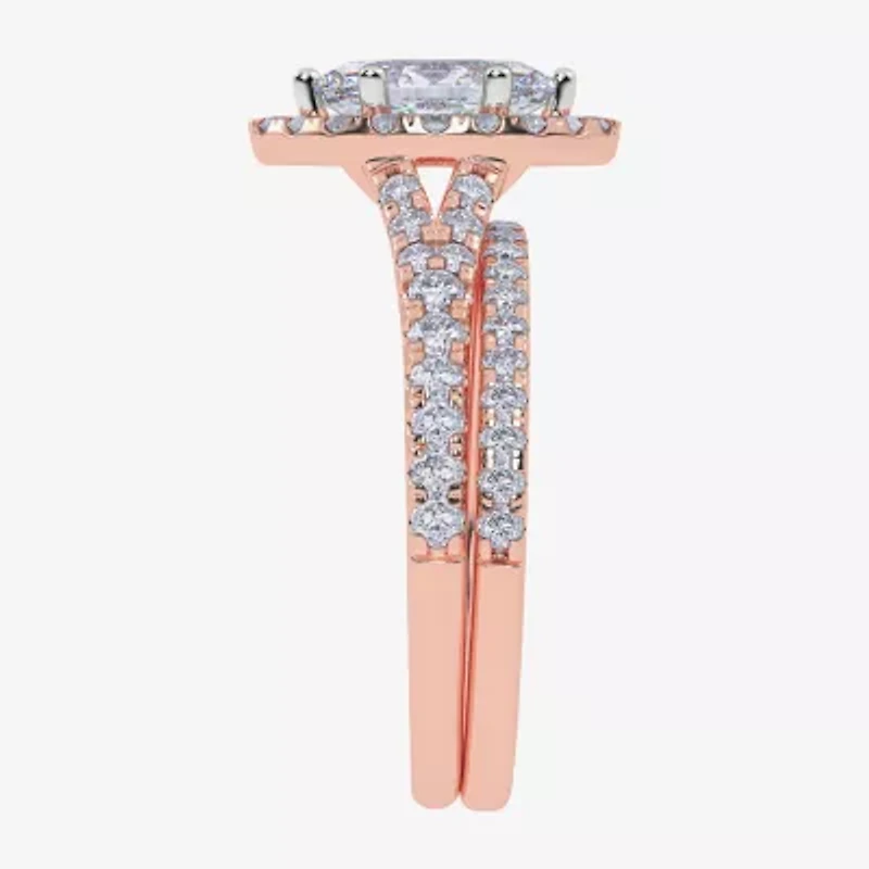 (G / Vs2-Si1) Womens 1 CT. T.W. Lab Grown White Diamond 10K Rose Gold Marquise Side Stone Halo Bridal Set