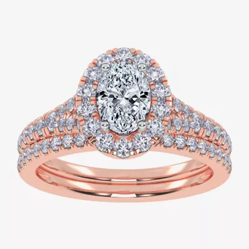 (G / Vs2-Si1) Womens 1 CT. T.W. Lab Grown White Diamond 10K Rose Gold Oval Side Stone Halo Bridal Set
