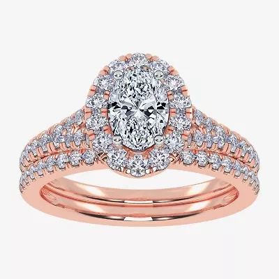 (G / Vs2-Si1) Womens 1 CT. T.W. Lab Grown White Diamond 10K Rose Gold Oval Side Stone Halo Bridal Set