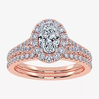 (G / Vs2-Si1) Womens 1 CT. T.W. Lab Grown White Diamond 10K Rose Gold Oval Side Stone Halo Bridal Set