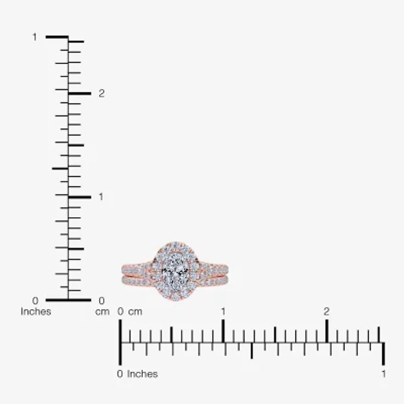 (G / Vs2-Si1) Womens 1 CT. T.W. Lab Grown White Diamond 10K Rose Gold Oval Side Stone Halo Bridal Set