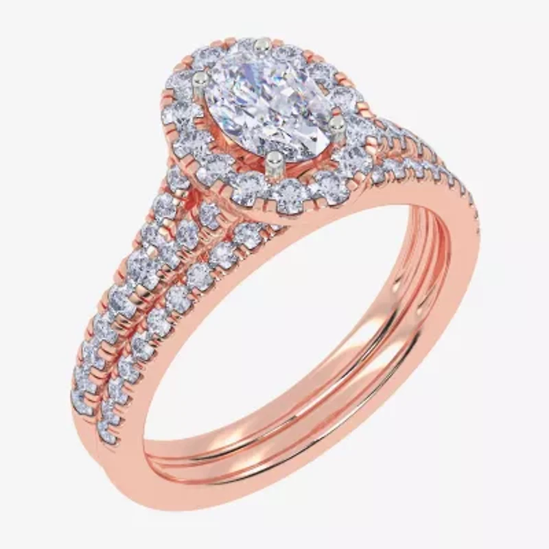 (G / Vs2-Si1) Womens 1 CT. T.W. Lab Grown White Diamond 10K Rose Gold Oval Side Stone Halo Bridal Set