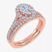 (G / Vs2-Si1) Womens 1 CT. T.W. Lab Grown White Diamond 10K Rose Gold Oval Side Stone Halo Bridal Set