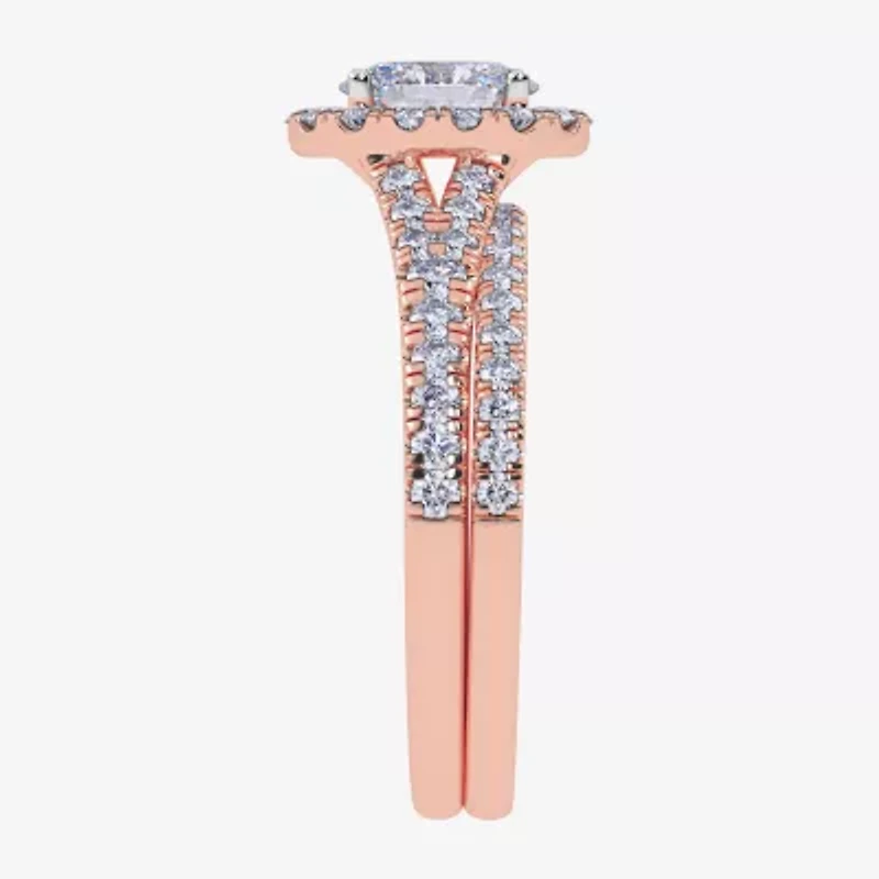 (G / Vs2-Si1) Womens 1 CT. T.W. Lab Grown White Diamond 10K Rose Gold Oval Side Stone Halo Bridal Set