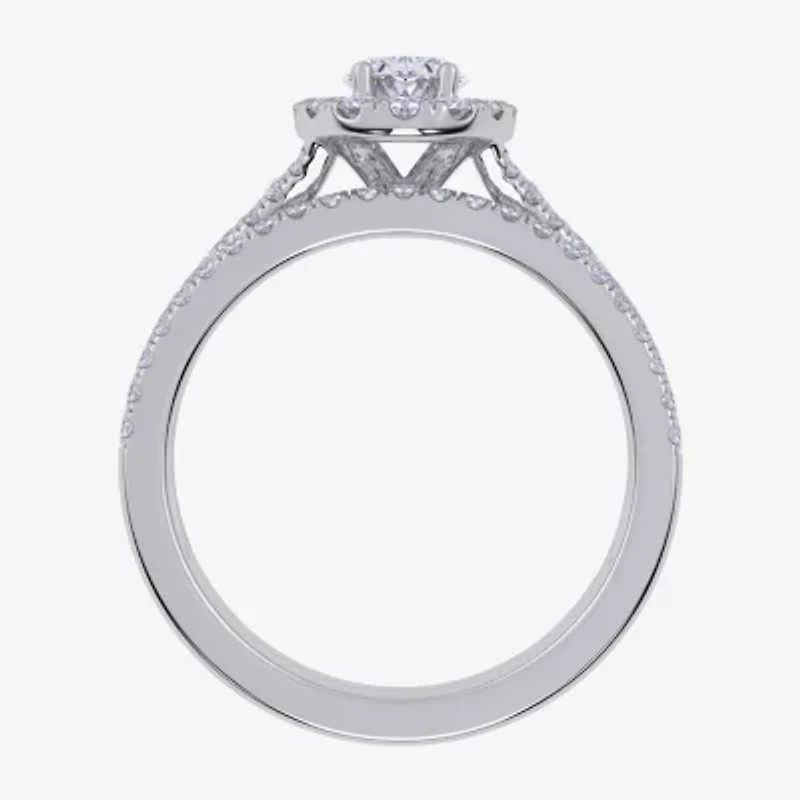 (G / Vs2-Si1) Womens 1 CT. T.W. Lab Grown White Diamond 10K Gold Oval Side Stone Halo Bridal Set