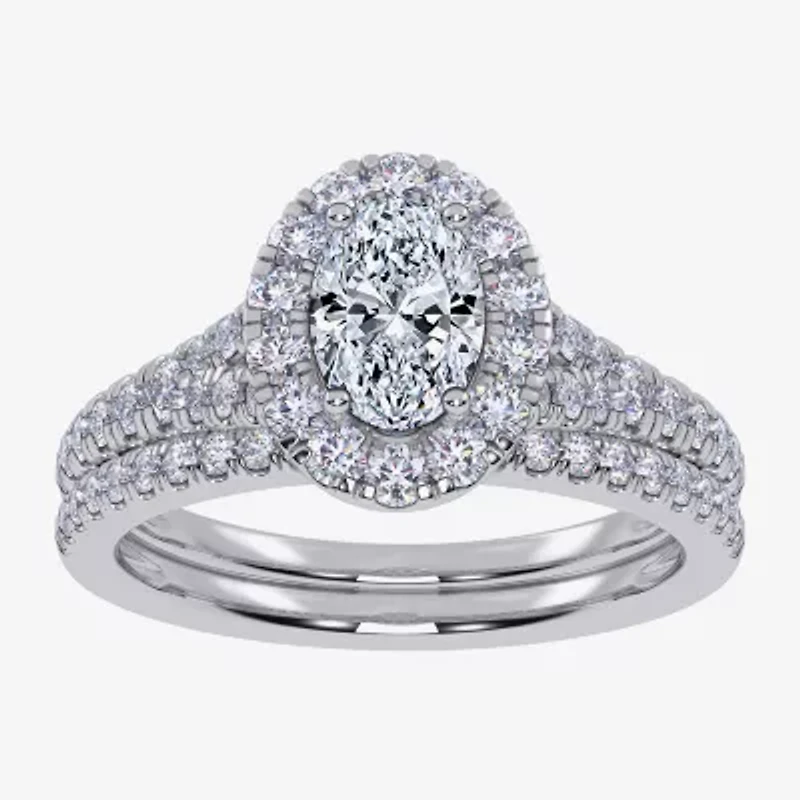 (G / Vs2-Si1) Womens 1 CT. T.W. Lab Grown White Diamond 10K Gold Oval Side Stone Halo Bridal Set