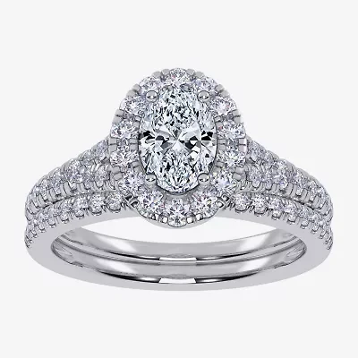 (G / Vs2-Si1) Womens 1 CT. T.W. Lab Grown White Diamond 10K Gold Oval Side Stone Halo Bridal Set