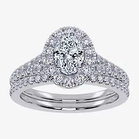 (G / Vs2-Si1) Womens 1 CT. T.W. Lab Grown White Diamond 10K Gold Oval Side Stone Halo Bridal Set