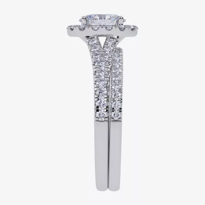(G / Vs2-Si1) Womens 1 CT. T.W. Lab Grown White Diamond 10K Gold Oval Side Stone Halo Bridal Set