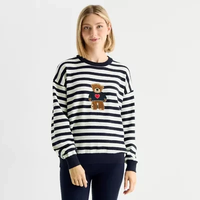 Forever 21 Juniors Womens Crew Neck Embellished Long Sleeve Striped Pullover Sweater