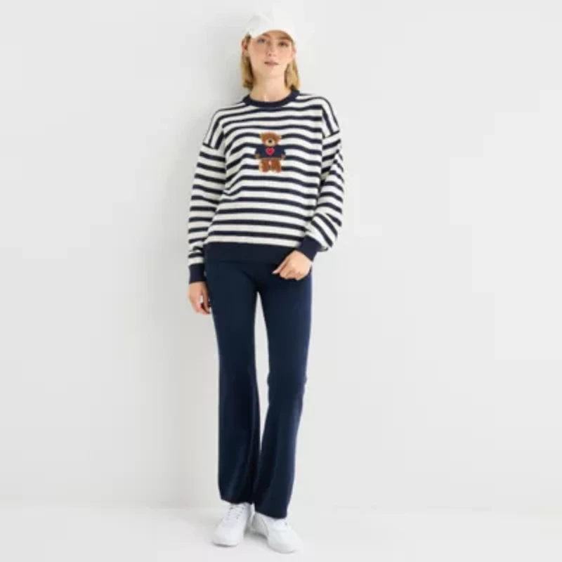 Forever 21 Juniors Womens Crew Neck Embellished Long Sleeve Striped Pullover Sweater
