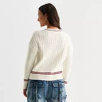 Forever 21 Juniors Womens V Neck Embellished Long Sleeve Cable Knit Pullover Sweater