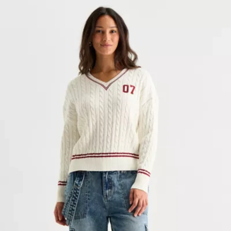 Forever 21 Juniors Womens V Neck Embellished Long Sleeve Cable Knit Pullover Sweater