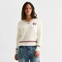Forever 21 Juniors Womens V Neck Embellished Long Sleeve Cable Knit Pullover Sweater