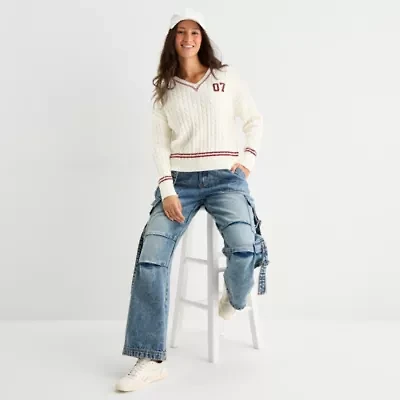 Forever 21 Juniors Womens V Neck Embellished Long Sleeve Cable Knit Pullover Sweater