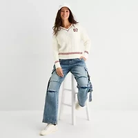 Forever 21 Juniors Womens V Neck Embellished Long Sleeve Cable Knit Pullover Sweater